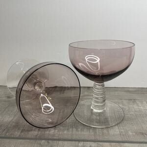 Vintage MCM Purple Lavender GLOW Glass Ribbed Champagne Coupe Glasses Set of 2
